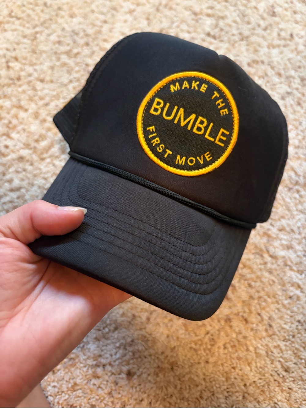 Bumble Branded Black Trucker Cap with Yellow Patch
